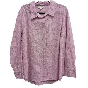 Candace Cameron Bure Womens Shirt 1X Pink Eyelet Floral Embroidered Cottagecore